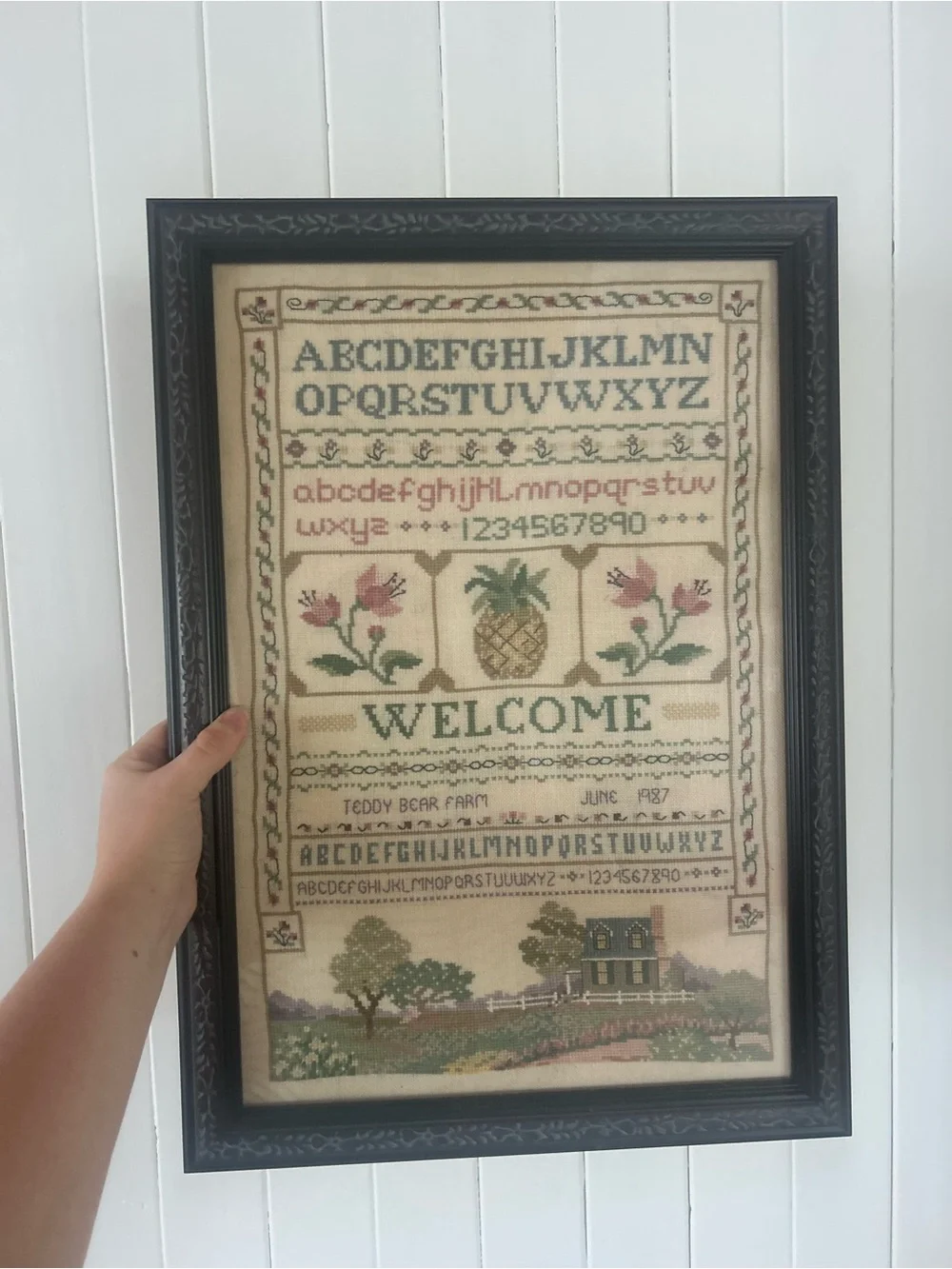 Vintage 1987 Framed Cross Stitch Sampler Welcome Pineapple Farmhouse Wall Art